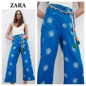 Zara Bright Blue Tropical Print Wide-Leg Pants